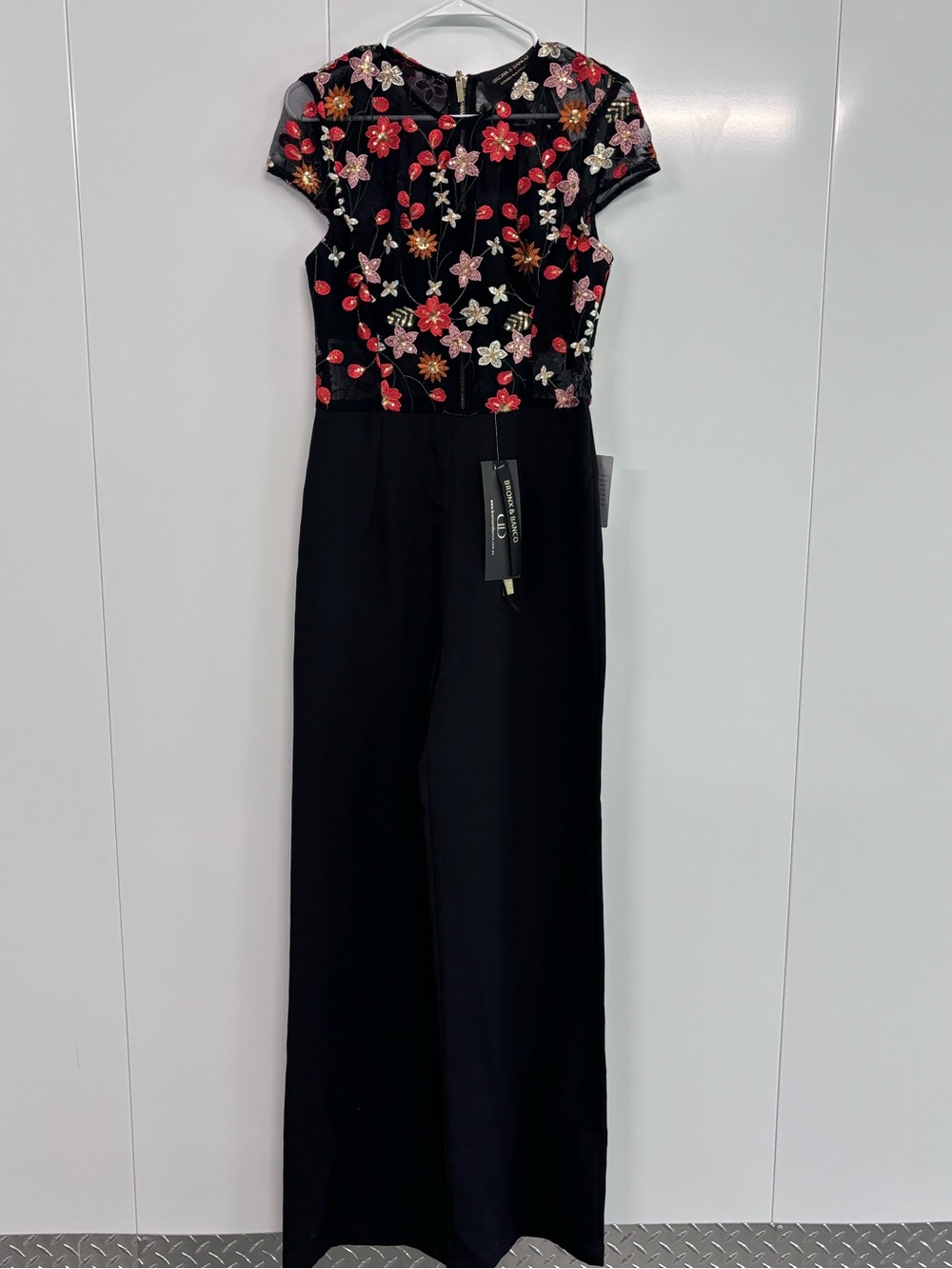 Bronx & Banco Jumpsuit Women's M Black Floral Embroidered Sequin Wide Leg NWT